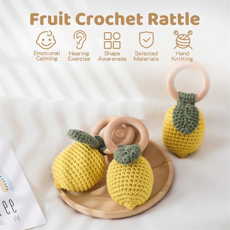 1PC Baby Ratter Toys Wooden Fruit Crochet Ringing Teether BPA Free Lemon Rainbow Rings Newborn Montessori Teether Kid Toys Gifts