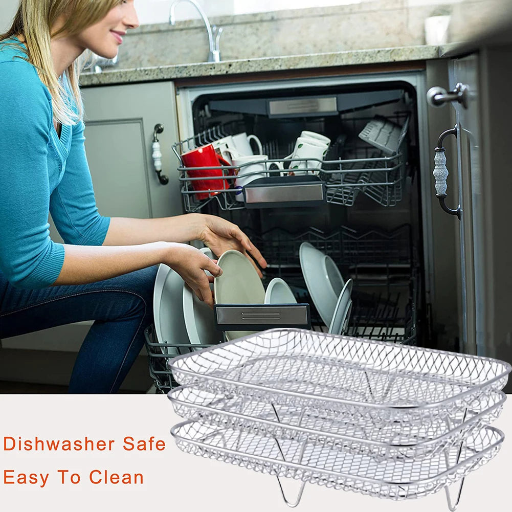 &3-layers Air Fryer Rack Stackable Grid Grilling Rack Stainless Steel Anti-corrosion for Home Kitchen Oven Steamer Cooker Gadgets