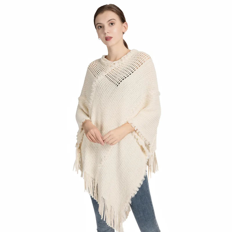 Poncho Tassel Knitted Shawl Women's Autumn and Winter New Chenille Imitation Cashmere Pullover Cape Cloaks Lady Capes Gray