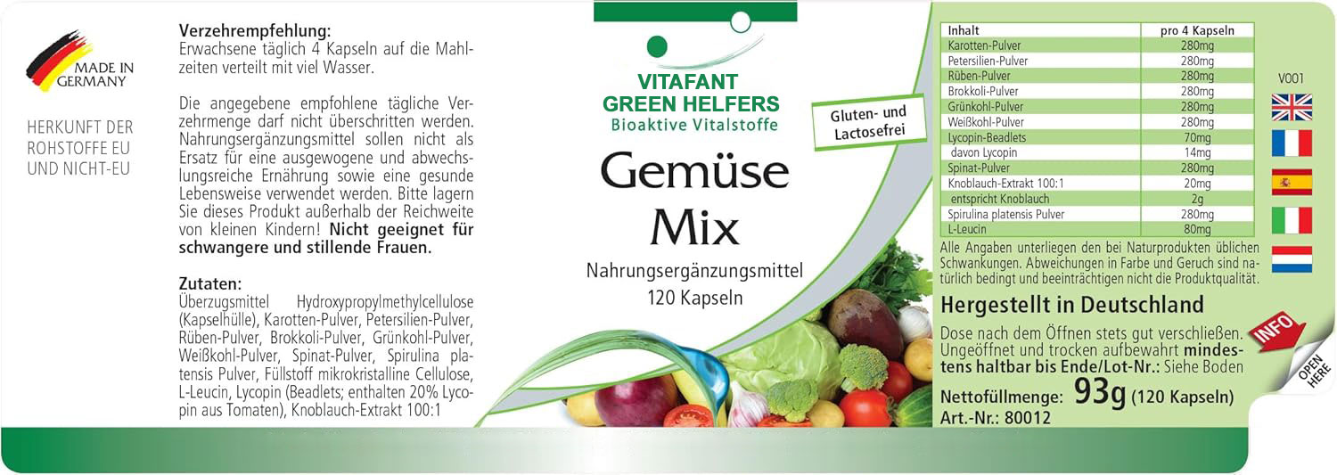VITAFANT GREEN HELFERS| Gemüse Mix - 120 Kapseln - HOCHDOSIERT - VEGAN - 10 Sorten Gemüse