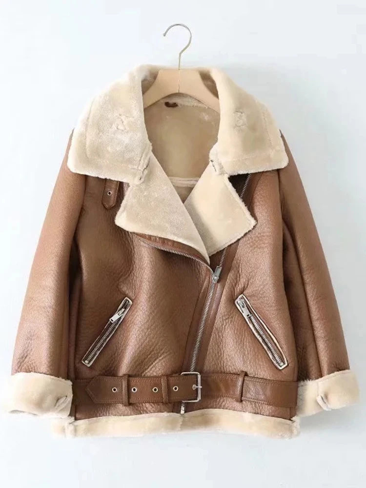 Winter Coats Women Thickness Faux Leather Fur Sheepskin Female Fur Leather Jacket Aviator Outwear