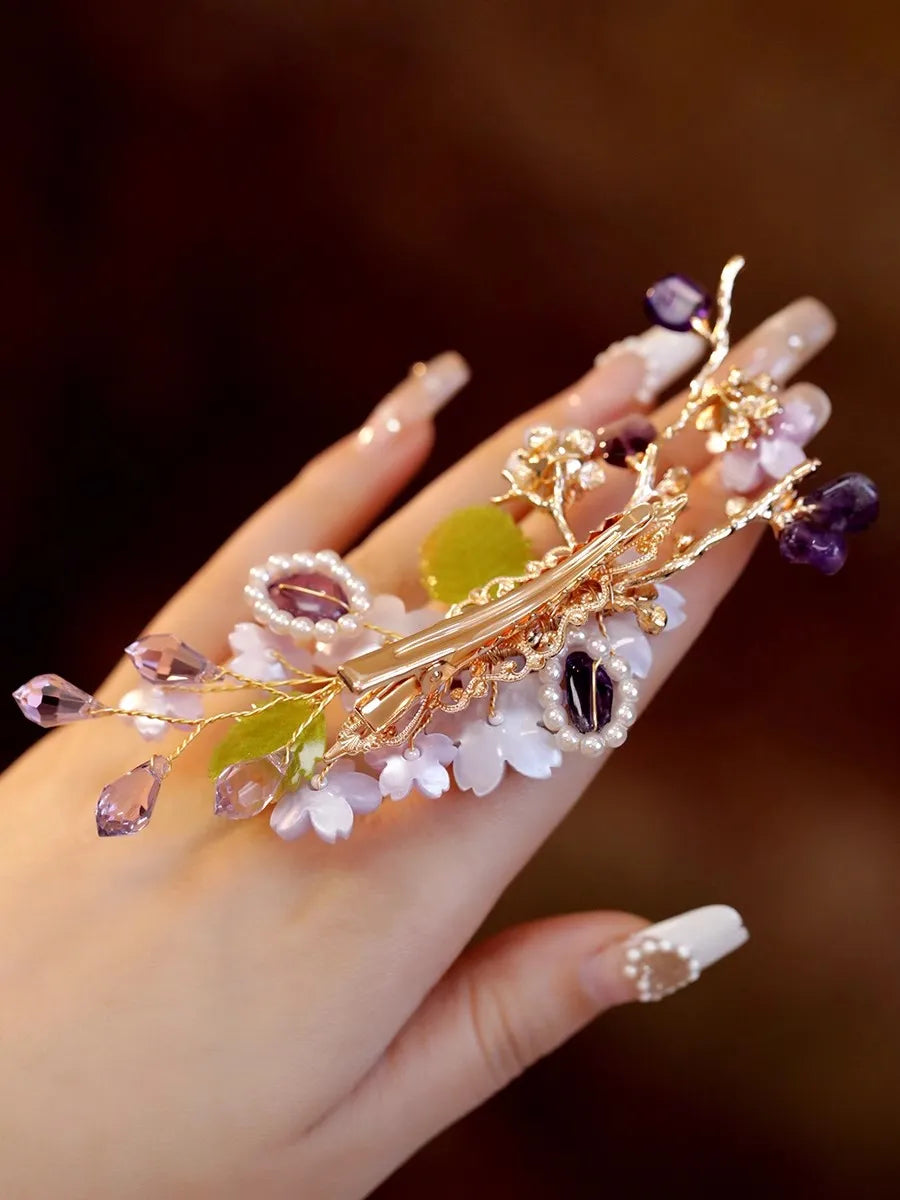 FXLRY Original Design Handmade Pearl Purple Flower Hairpin Women's Side Clip Accessories