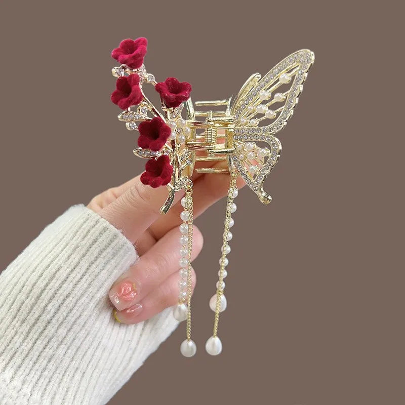 Exquisite Rhinestone Butterfly Fringe Hair Claw Clips Korean New Ponytail Braid Pearl Hairpin Girl Crab Metal Headdress Gift