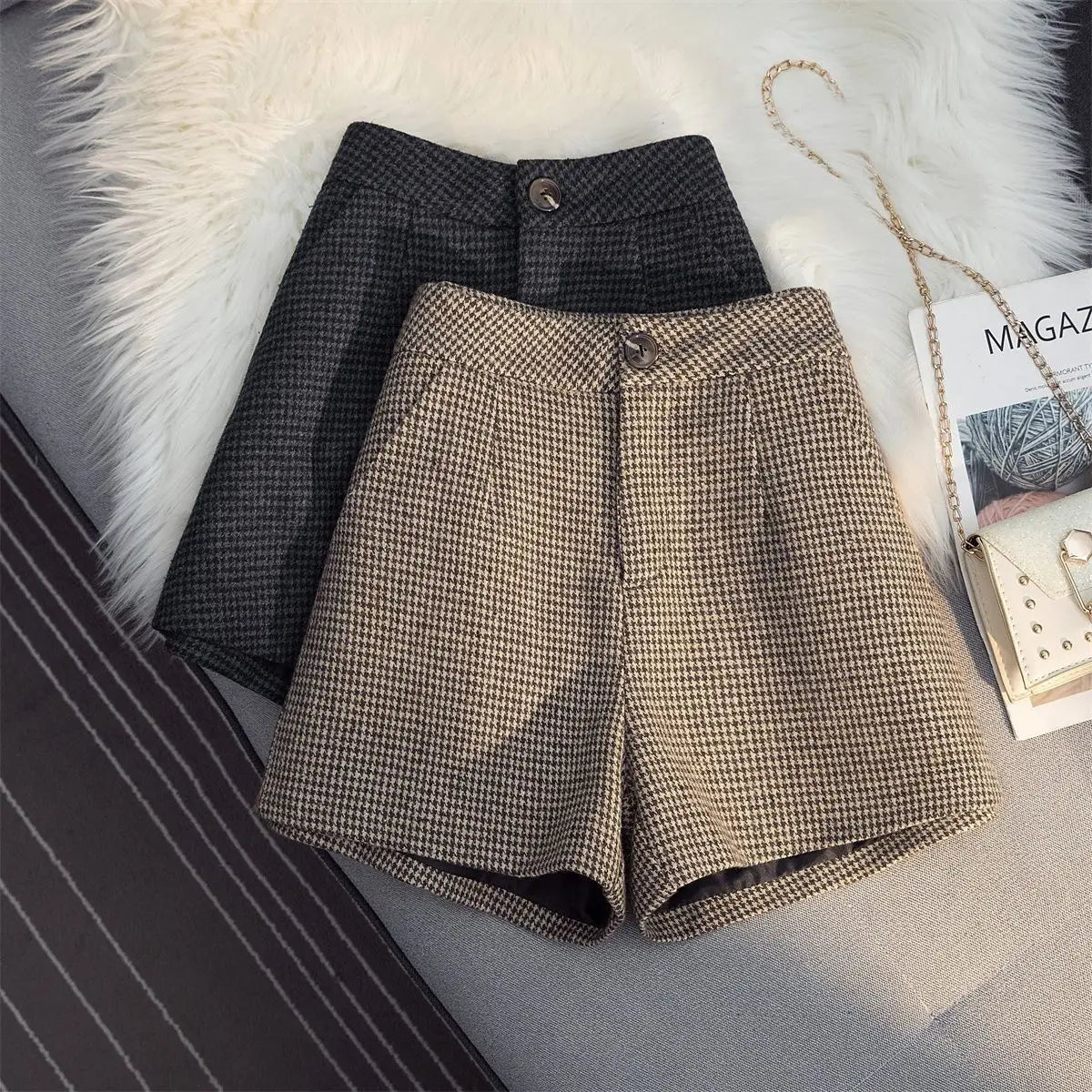 New 2024 Casual Woolen Shorts Women Autumn Winter High Waist Belted Elegant Short Pants Ladies Slim Plaid Breechcloth Outer M44