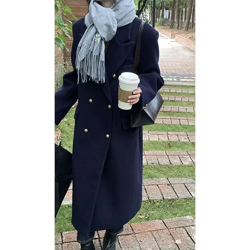 New British Style Navy Blue Woolen Coat Women Jackets Winter Clothes Double breasted Mid Length Wool Suit Jackets Women Clothing