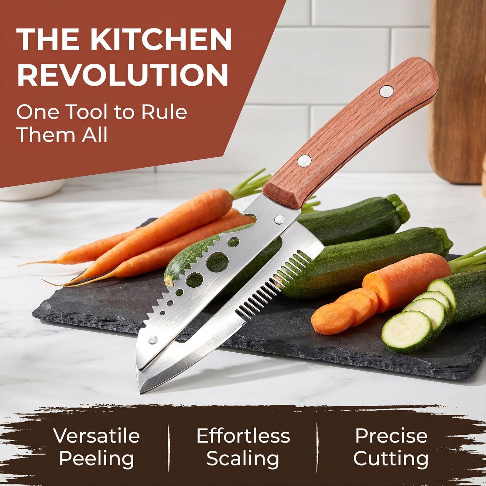 Multifunctional Vegetable Peeler 7-in-1,Kitchen Tool with Wooden Handle, Built-in Knife for Cutting, Peeling, Scaling, Grating & Bottle Opener(2PCS)