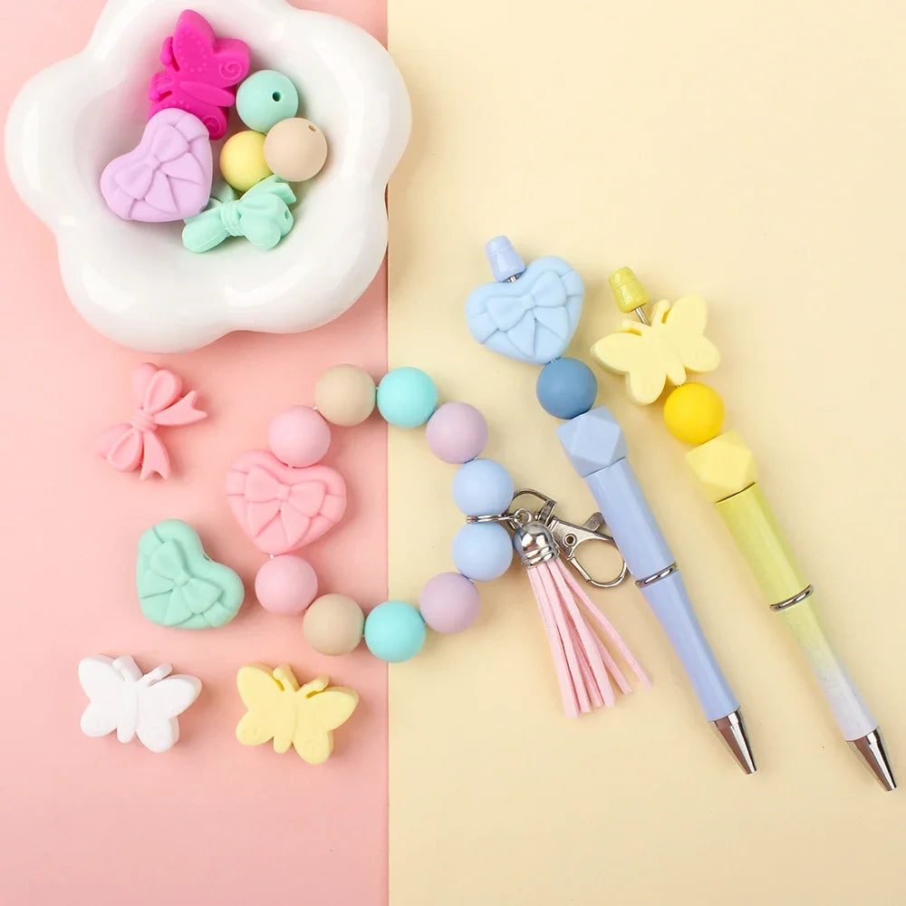 10pcs Silicone Beads Heart Bow Shape Accessories Silicone Holder Clip  Pen Decor Chain Making Focal Accessories Jewelry