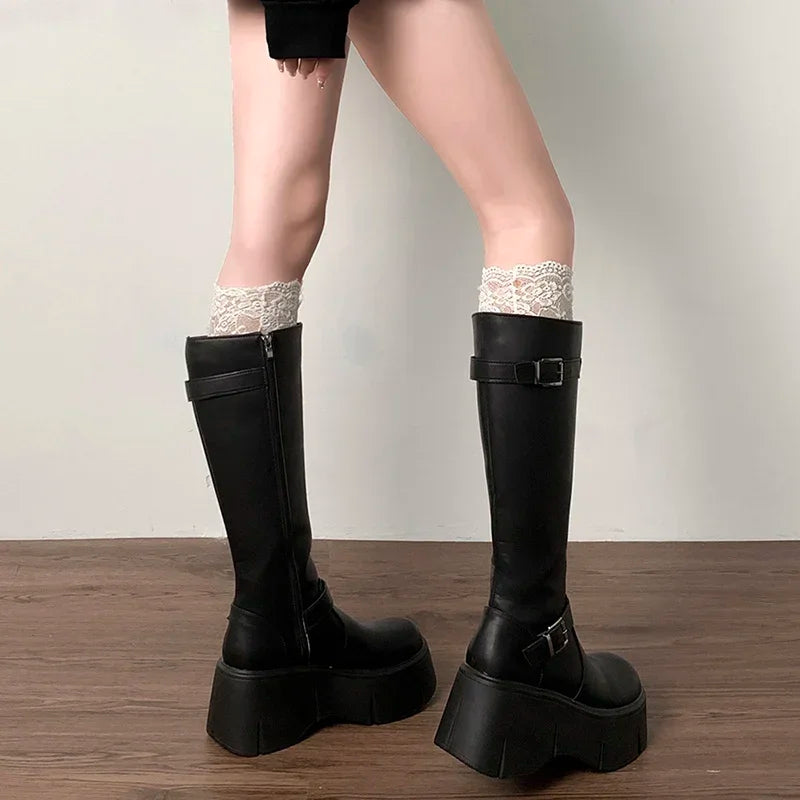 Platform Wedges Heel Women Knee High Boots Fashion Belt Buckle Slip On Long Booties Autumn Winter Female Shoes