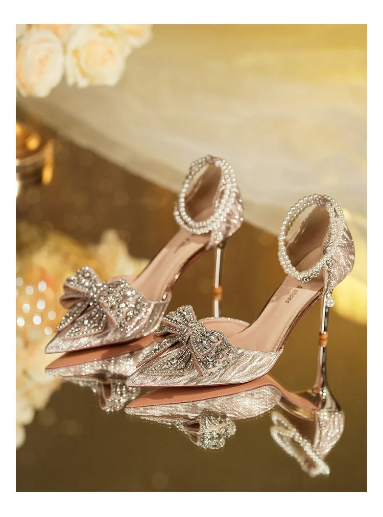 Summer Fashion Pointed Toe Sandals Women's Rhinestone Pearl Butterfly Gold Silver High Heels Party Wedding Plus Size Shoes