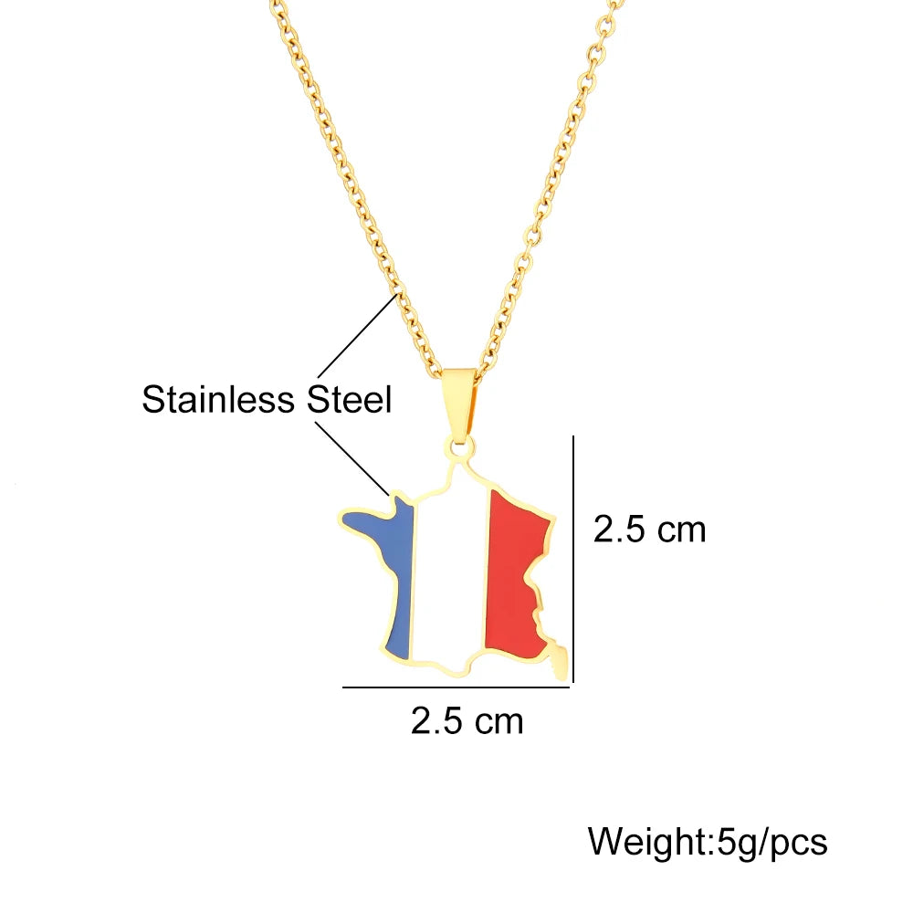 New France Map Flag Pendant Necklace Stainless Steel For Women Men Gold Silver Color Charm Fashion French Jewelry Gifts