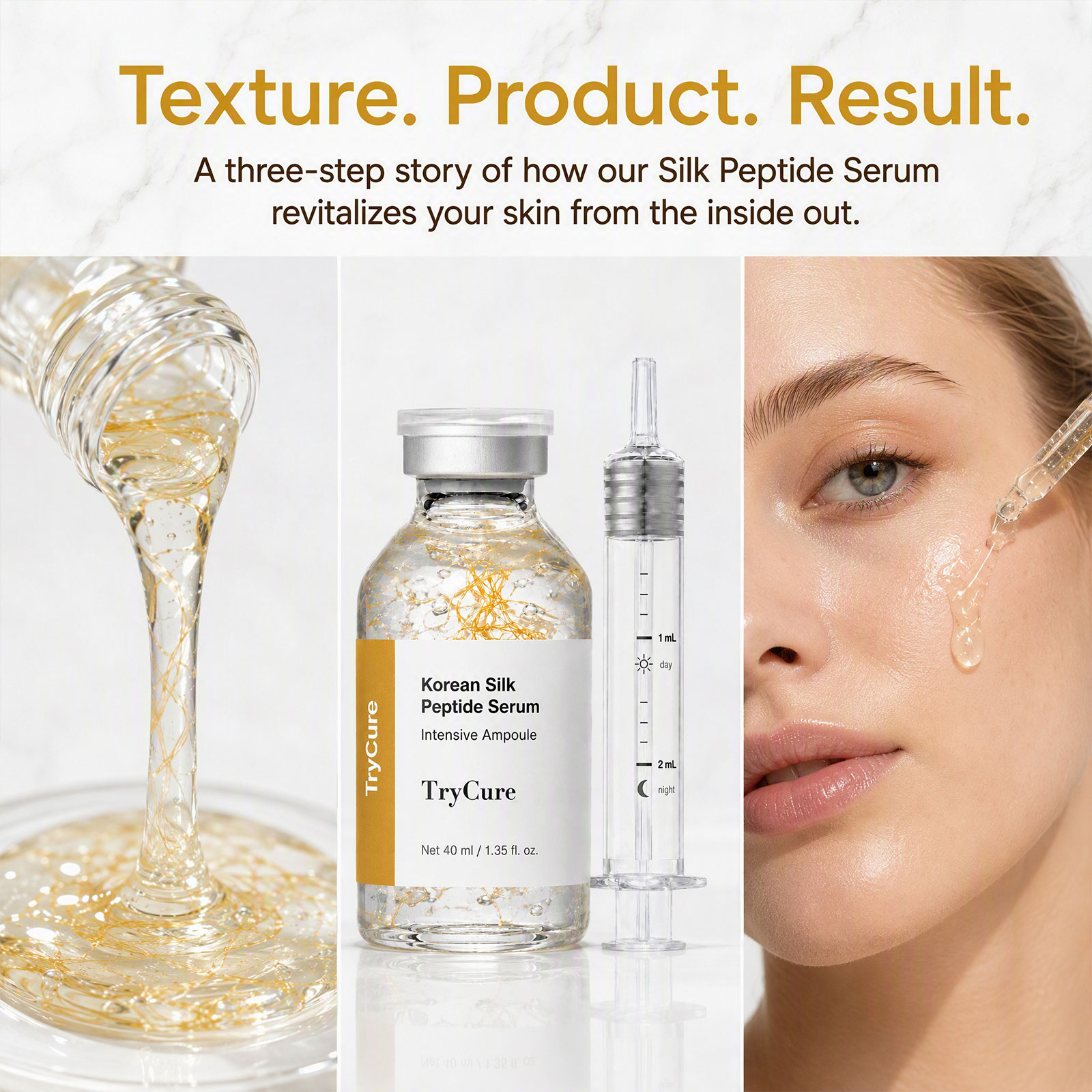 Trycure Korean Silk Peptide Ampoule, Korean Skincare Ampoule with Silk Peptide, EGF, 24K Gold & GHK-Cu, Improves Look of Elasticity & Radiance, Fast-Absorbing