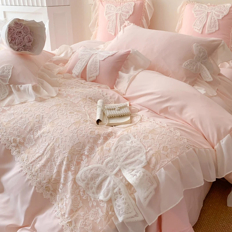 Princess Bedding Set Coquette Lace Bow  Beauty Solid Color Lace Ruffle Comforter Sets Luxury Girls Wedding  Duvet Cover