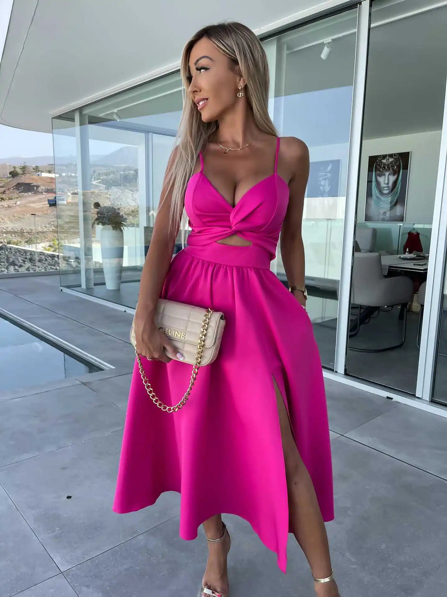 Women Sexy V-neck Backless Sling Dress Summer Fashion Twist Design Hollow Out Long Dress Casual Sleeveless Solid Big Hem Dresses