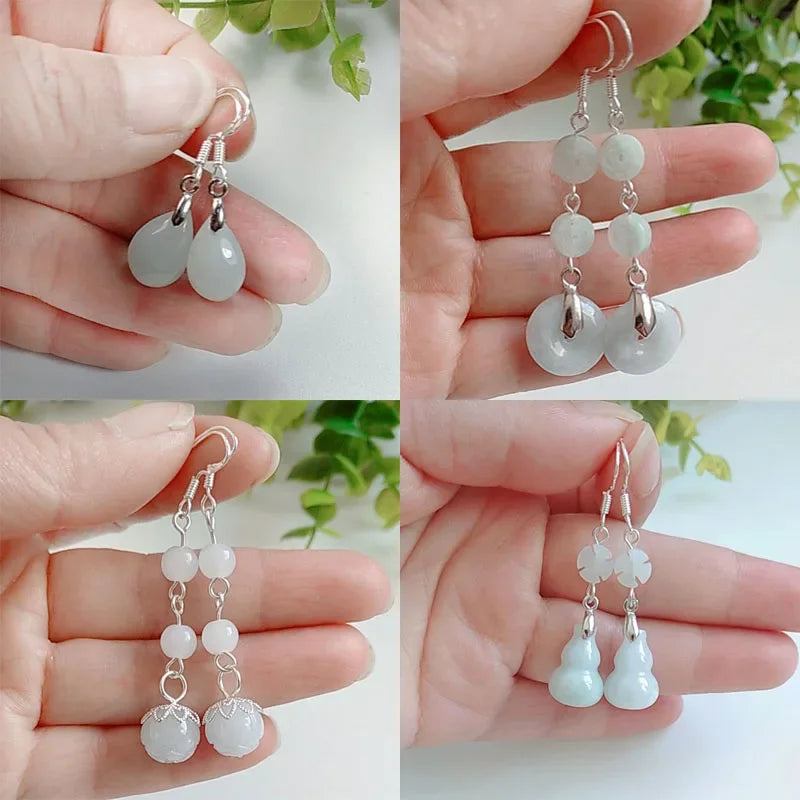 925 Silver Natural Emerald Gourd Love Water Drop Lotus Beads Earrings Charm Jewellery Accessories DIY Hand-Carved Woman Amulet