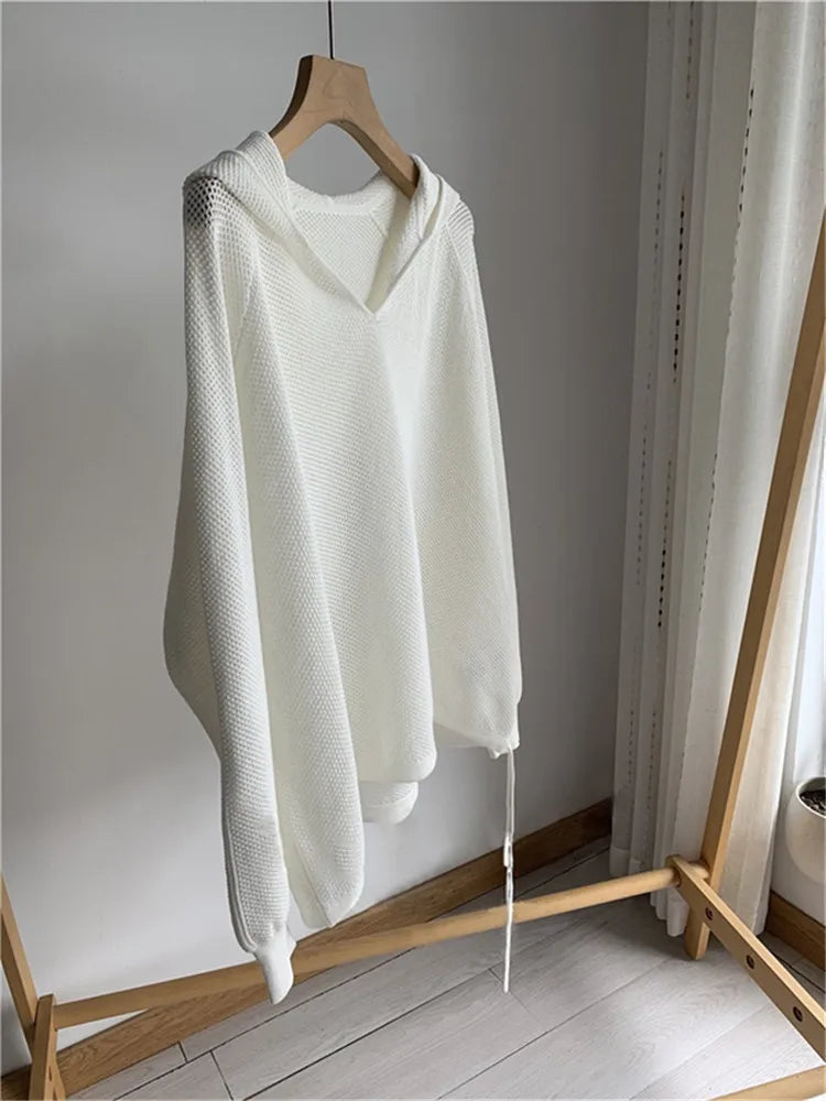 Lazy Style Women Hollow Out Hooded Knitwear Spring Summer White Long Sleeve Casual Loose Pullover Tops Female Sweater