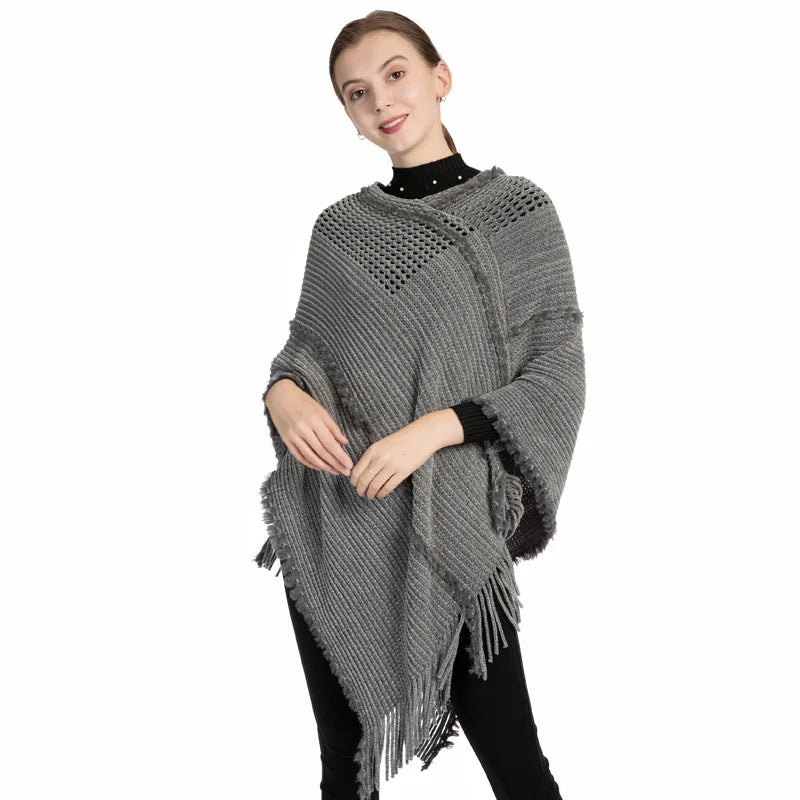 Poncho Tassel Knitted Shawl Women's Autumn and Winter New Chenille Imitation Cashmere Pullover Cape Cloaks Lady Capes Gray