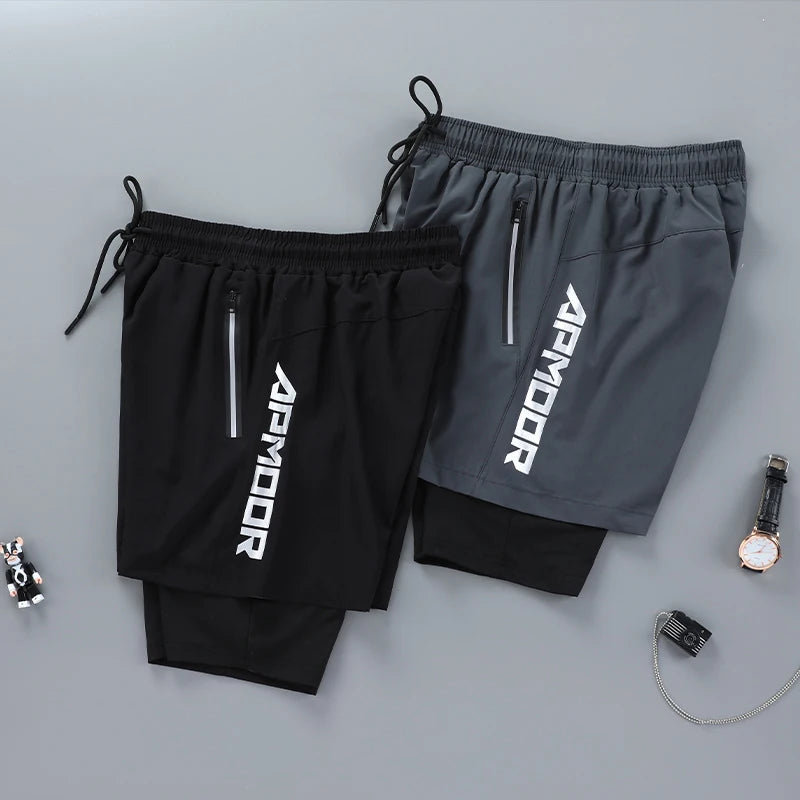 Men New 2 in 1 Swimming Pants Beach Sweatpants Running Shorts with Zip Pocket Basketball Training Breechcloth Quick Dry Fitness