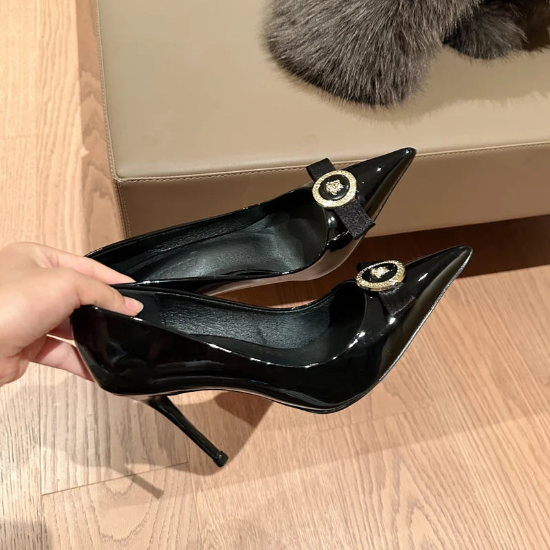 Heels New 2024 Spring And Autumn Thin With Pointed Bow French Temperament Socialite Senior Sense Of Single Shoes Black