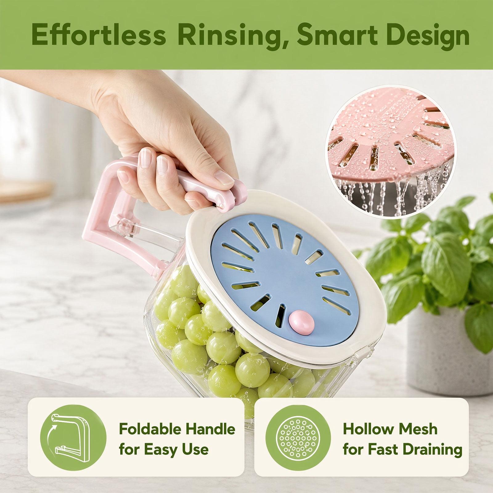 Fruit Vegetable Washing Bowl with Strainer, Multifunctional Berry Lettuce Keeper for Fridge, Portable Colander with Lid for Kitchen(Blue-Pink)