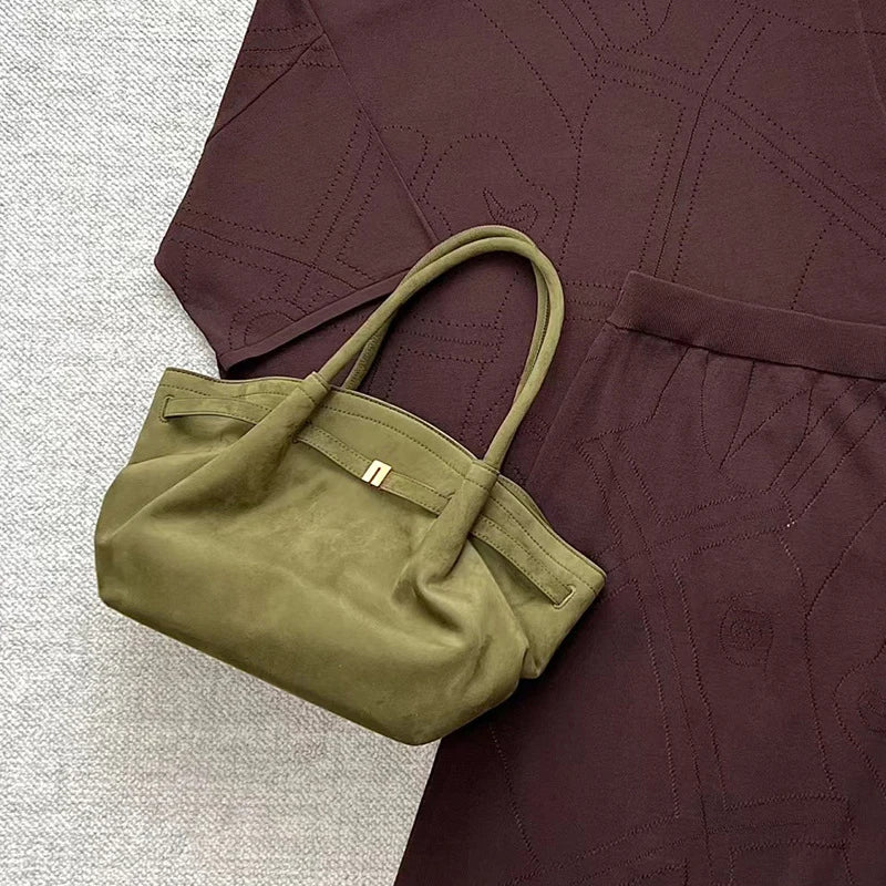 New Green Versatile Suede Tote Bag Brand Design Belt Buckle Casual Frosted Bat Bag Fashion Handbag Brown Crossbody Bag