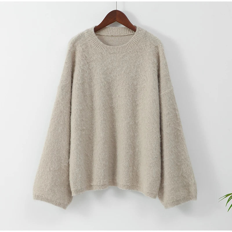 Elegant Solid Mohair Soft Knitted Pullover Women Casual O-neck Long Sleeve Loose Sweater Autumn Warm Lady High Street Knitwear