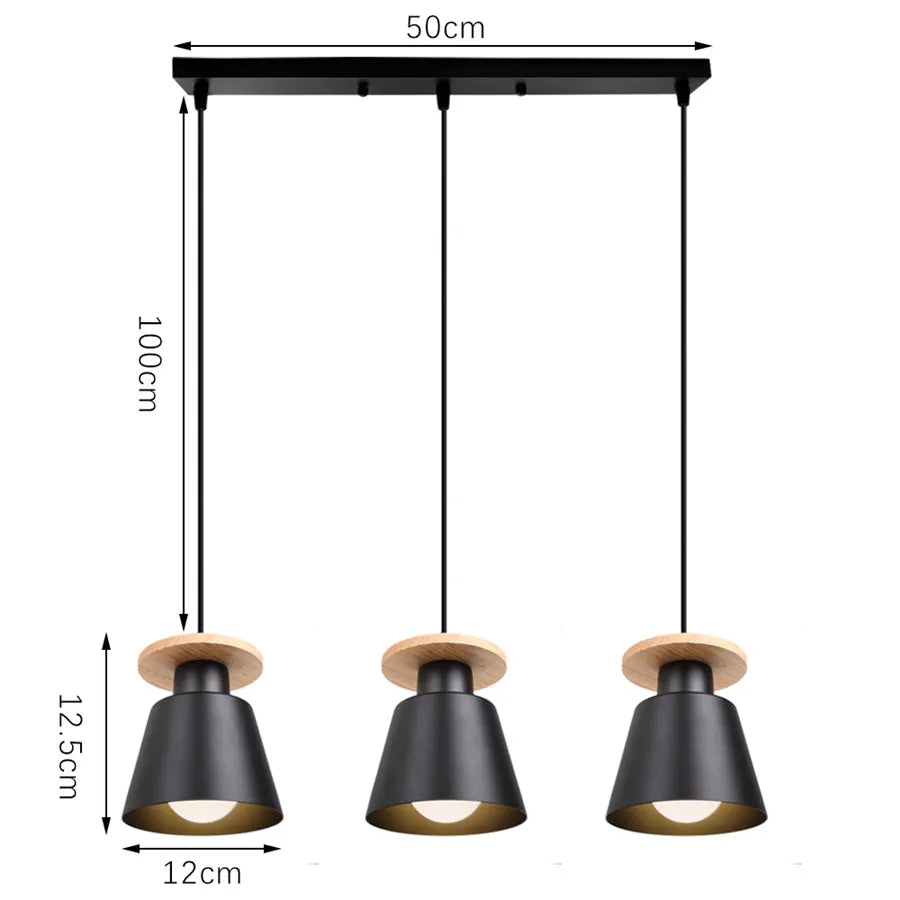 Modern Pendant Lights 3 Heads Wood Aluminum Hanging Lamp Chandelier Black for Loft Dinning Living Room Kitchen Lighting Fixture