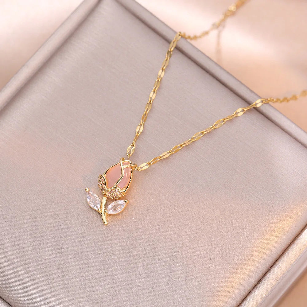 Sweet Romantic Pink Tulip Pendant Necklaces for Women Girls Classic Stainless Steel Jewelry Accessories Gifts for Lover