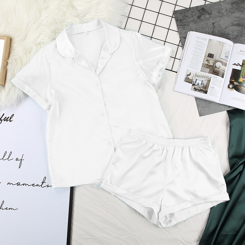 Solid Satin Sleepwear Silk Pajamas Set Top And Shorts Two Piece Set Pyjamas Women Pajama Short Sleeve Home Suit Casual