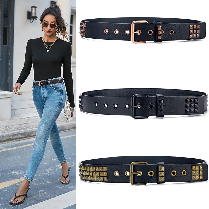 2023 Mens and Womens Leather Belts Vintage Punk Pyramid Rivet Belts Ladies Luxury Street Designs Black Belts Jeans For Women