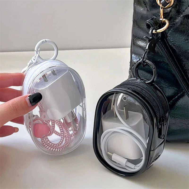 New Square/Round Black PVC Transparent Cosmetic Bags Jewelry Organizer Portable Data Cable Earphone Coin Charger Storage Pouches