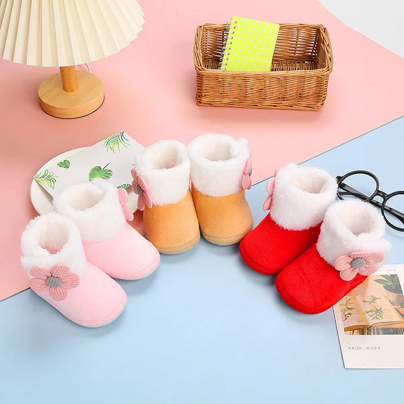 Lovely Flower Winter Snow Baby Boots 7-Colors Warm Fluff Balls Indoor Cottton Soft Rubber Sole Infant Newborn Toddler Baby Shoes