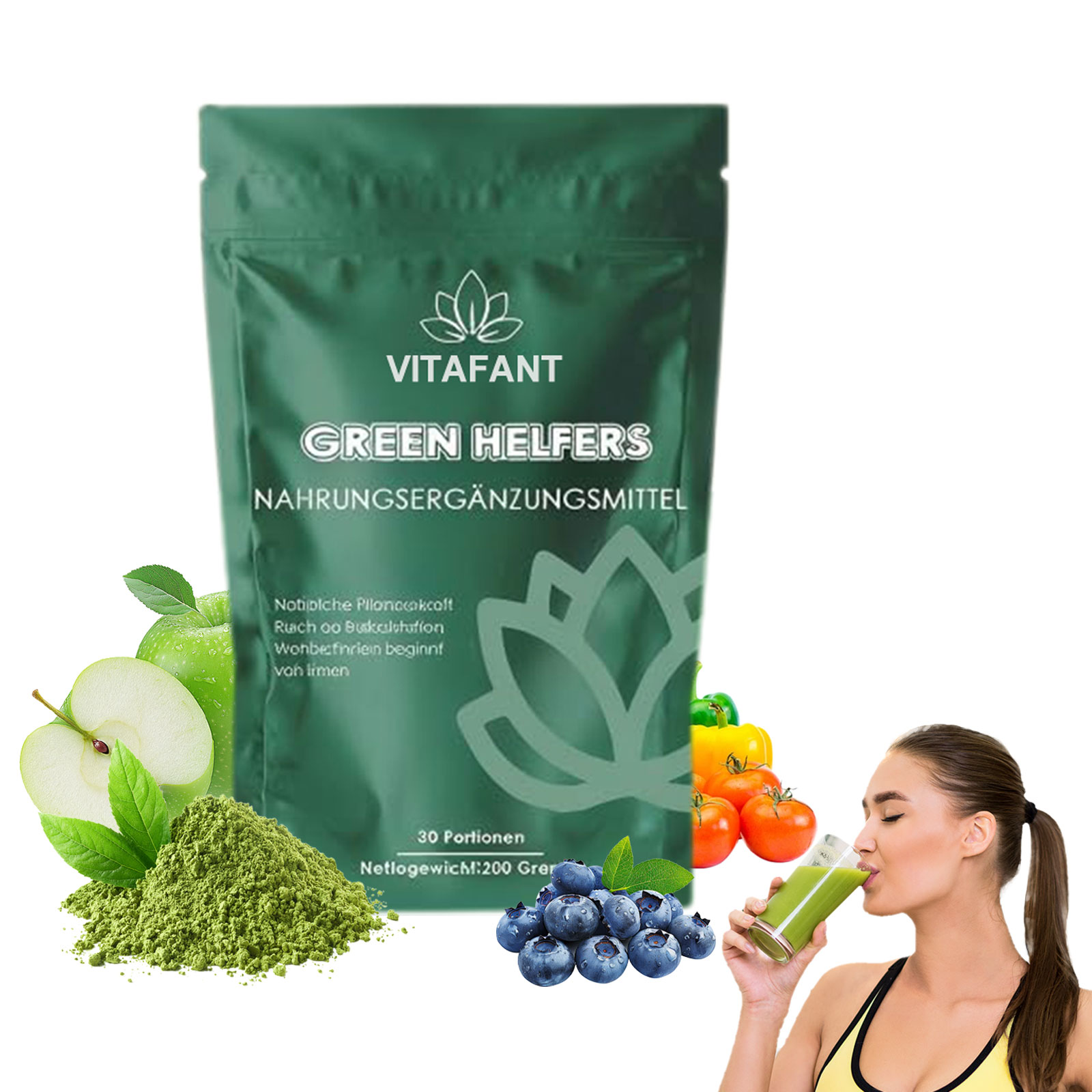 Vitafant Grüne Helfer Pulver, 2026 Neu Grüne Helfer Entgiftungspulver Vitafant 200g, Vielzahl Micronutrients & Fiber, Fördert den Stoffwechsel und die Energieunterstützung