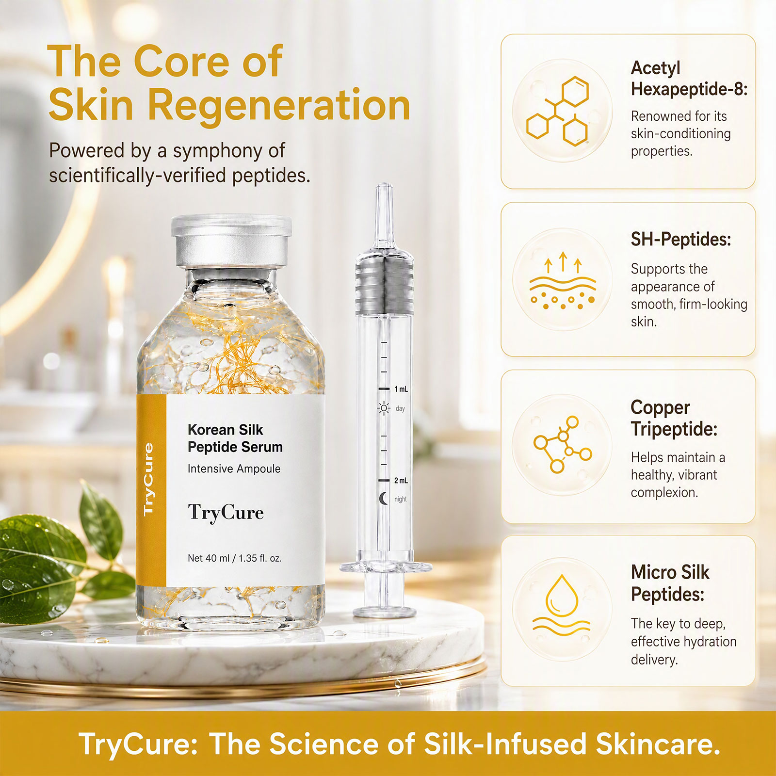 Trycure Korean Silk Peptide Ampoule, Korean Skincare Ampoule with Silk Peptide, EGF, 24K Gold & GHK-Cu, Improves Look of Elasticity & Radiance, Fast-Absorbing