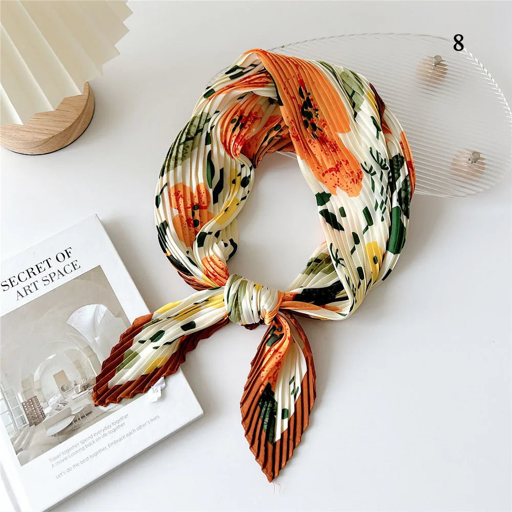 Crinkle Square Silky Neck Scarf Colorful Lady Satin Head Wraps Neckerchief Flower Printed Hair Scarf Elegant Pleated Neck Scarf