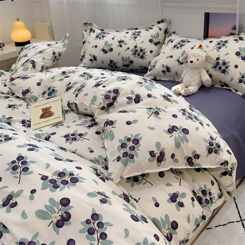 Floral Blue Bedding Set No Filler Ins Style Duvet Cover Pillowcase Flat Sheet Single Twin Queen Size Boys Girls Bed Linens