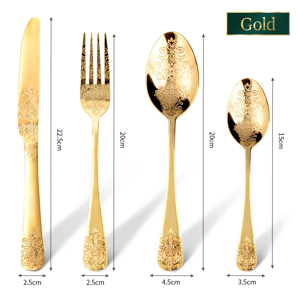 &Gold Luxury Cutlery Sets Fork Spoons Knife Silverware Kit Vintage Carved Tableware Set European Dinnerware For Home Kitchen