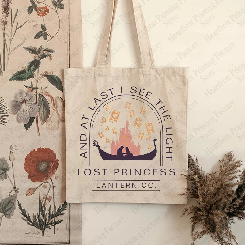 Rapunzel Lost Princess Pattern Tote Bag Canvas Lantern Co. Shoulder Bag Women's Reusable Shopping Bags Best Gift for Movie Lover