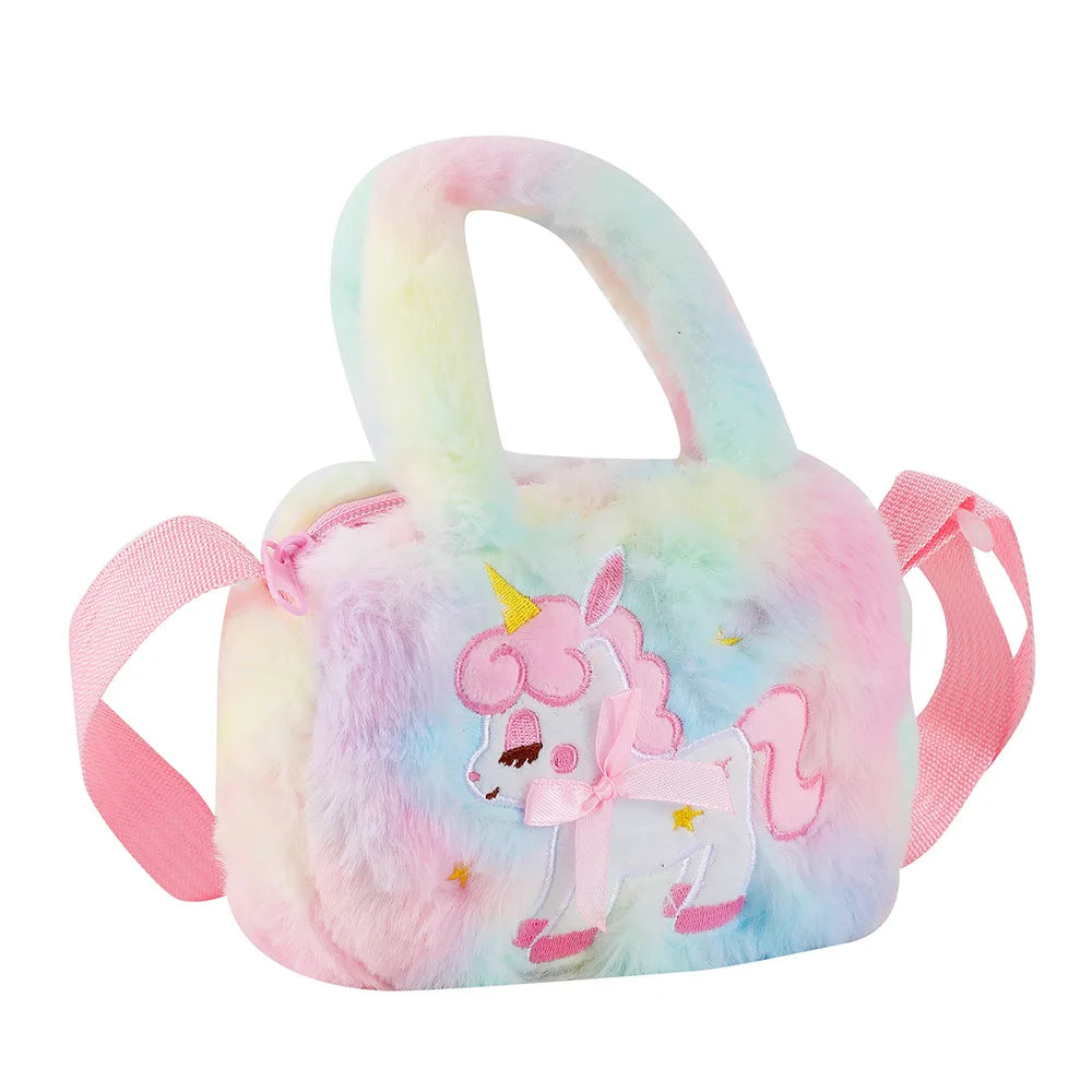 Kids Embroidery Unicorn Plush Toy Crossbody Purses Handbags Little Girls Rainbow Fluffy Purse Cute Cartoon Furry Shoulder Bag