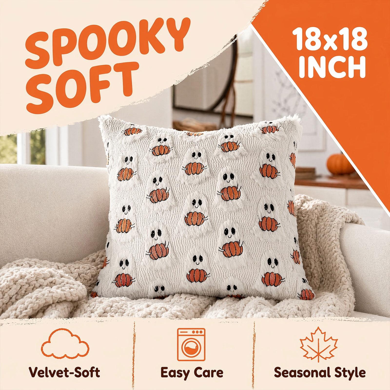 Halloween Throw Pillow Covers 18x18, Ivory Cute Ghost Hugging Pumpkin, Soft Plush for Spooky Season & Cozy Fall Decor.