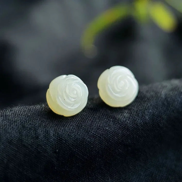 925 Silver Natural Green Jade Rose Earrings Bead Charm Jewellery Fashion Accessories Hand-Carved Man Woman Amulet Gifts