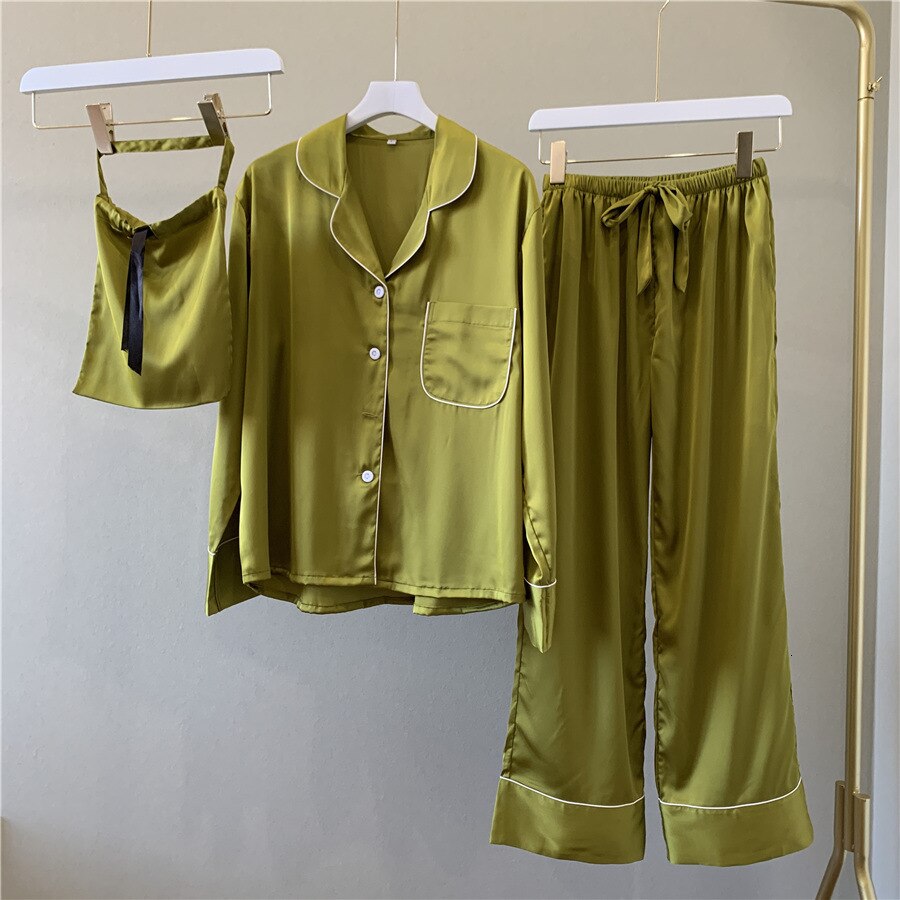 Pure Color Woman Long Sleeve Stain Pajama Set Satin Soft Fashion Pajamas