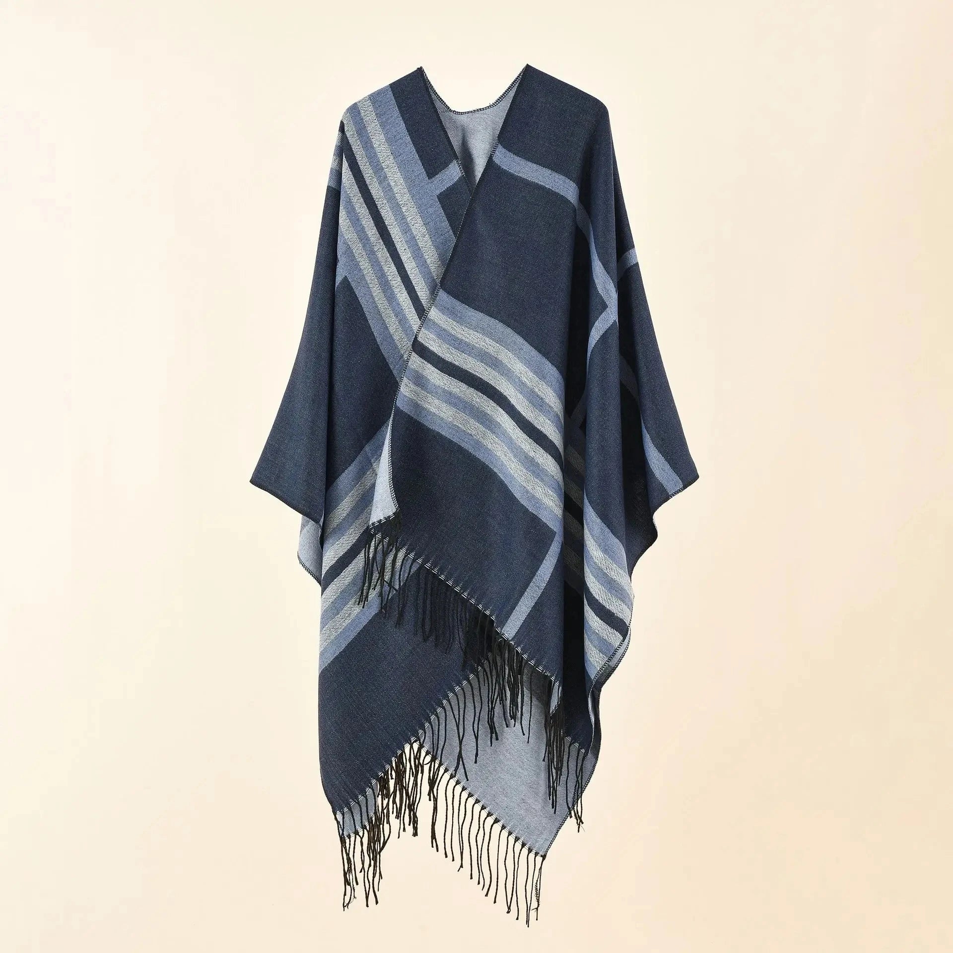 2024 Autumn Winter New Large Plaid Stripe Pattern Imitation Cashmere Warm Casual Women Shawl Tassels Poncho Capes Coat Coffee