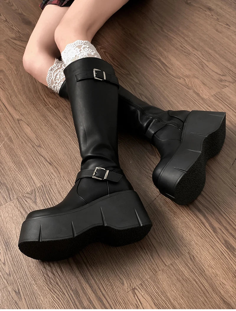 Platform Wedges Heel Women Knee High Boots Fashion Belt Buckle Slip On Long Booties Autumn Winter Female Shoes