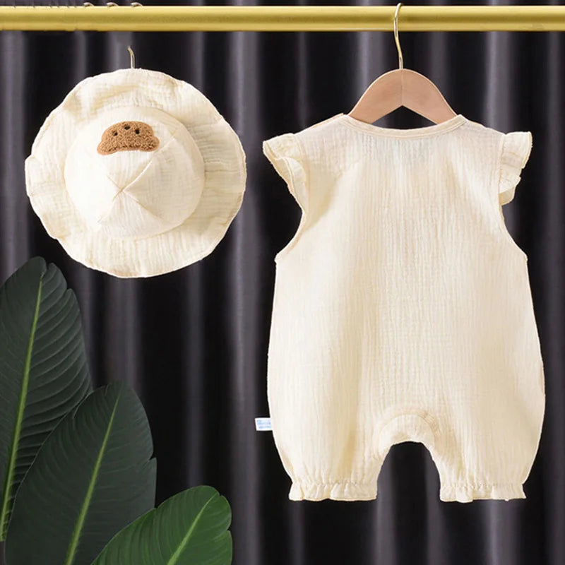 Muslin Summer Baby Romper Hat Set 2Pcs Bear Cotton Newborn Jumpsuit for Boys Girls Clothes Toddler Onesie Infant Outfit Suit