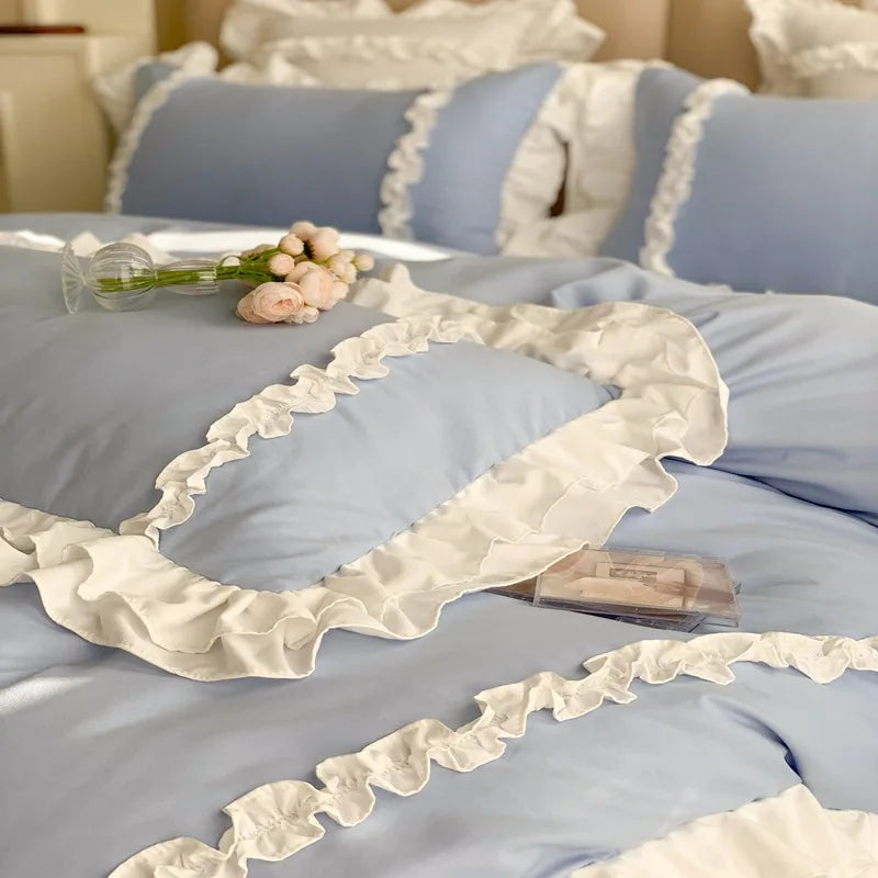 Elegant Lace Bedding Sets Luxury Bed Linen Princess Washed Cotton Ruffle Duvet Cover Bed Sheet and Pillowcases for Girl Luxury