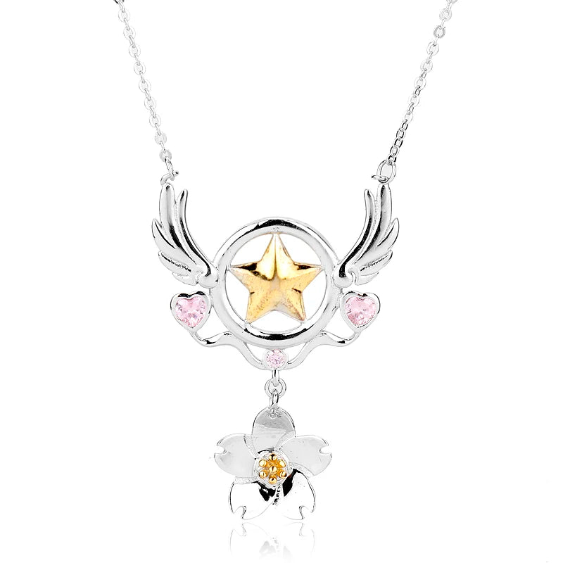 Anime Card Captor Sakura Necklace Star Flowers Cardcaptor KINOMOTO Sealing Wand Cosplay Pendant Woman Girl Jewelry