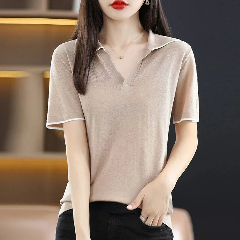 Women's T Shirts Polo Neck Shirt White Plain Knit Short Sleeve Tee Clothes Top Polyester Cotton Synthetic Summer 2024 Trend New