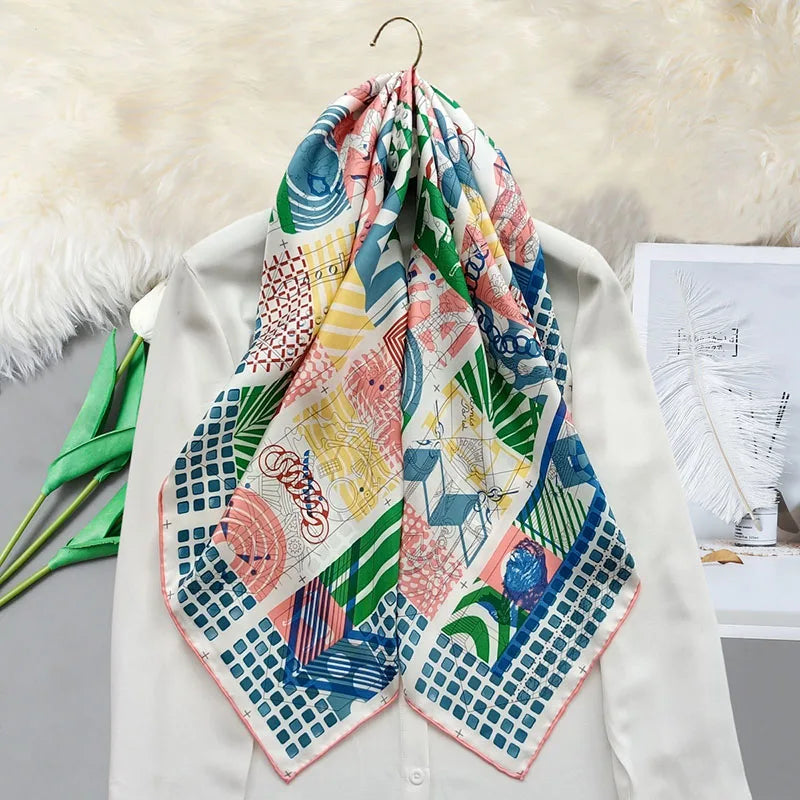 Large Square 100% Silk Scarf Shawl Geometric Print Womens Fashion Silk Scarves Neckerchief 35