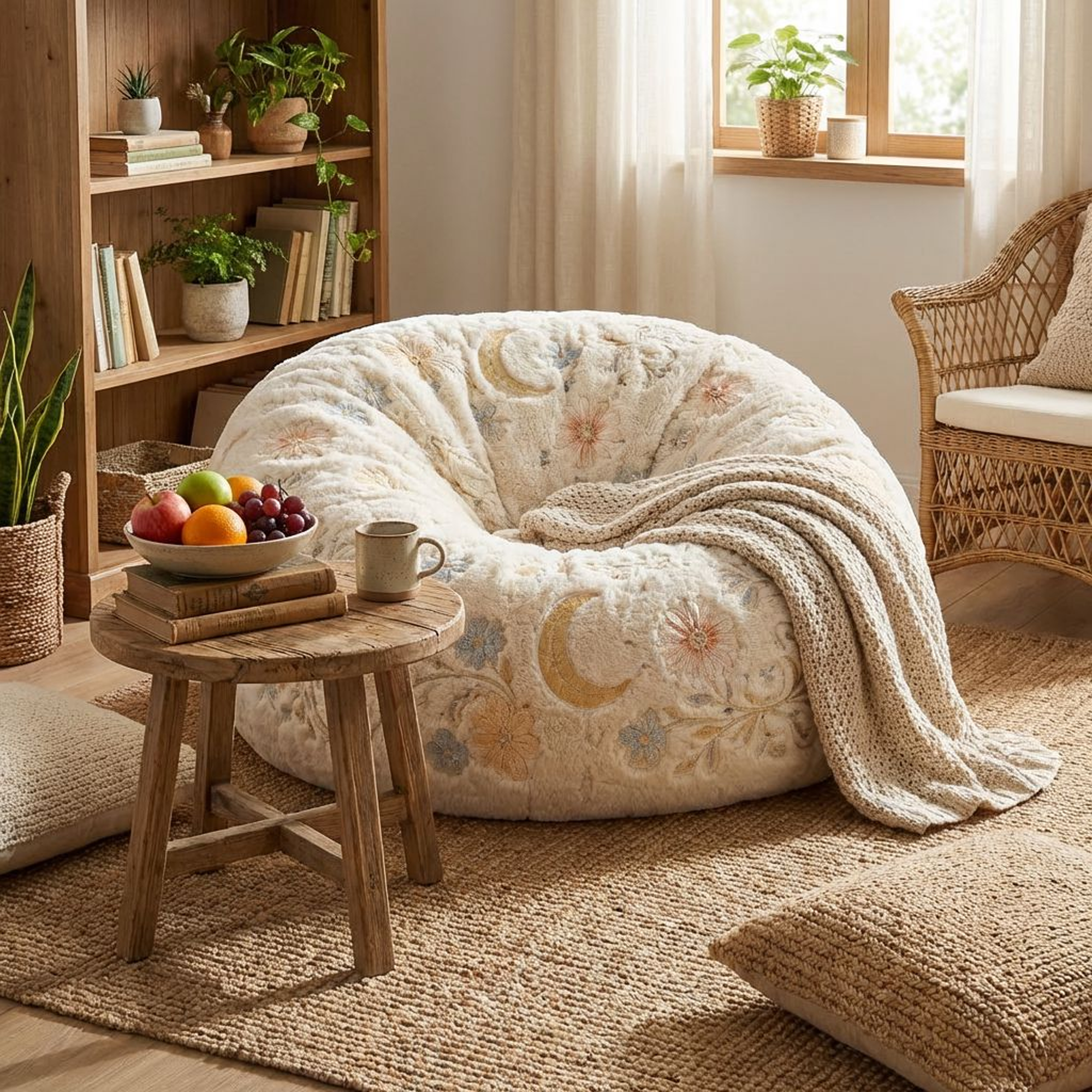 Cream Floral Embroidered Bean Bag Chair