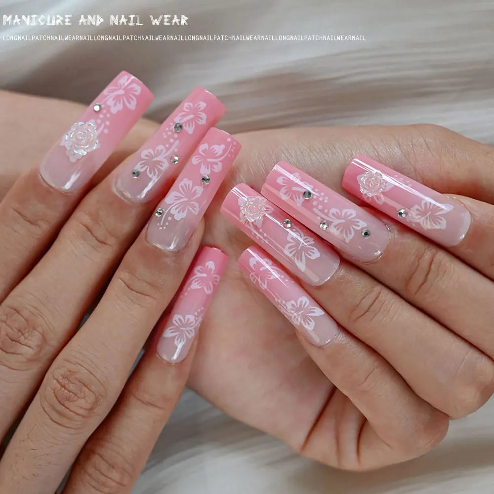 24Pcs Medium Long Ballet Gradient False Nails With Aurora Diamond Full Cover Square Coffin Fake Nails Pink Press-On Fingernails